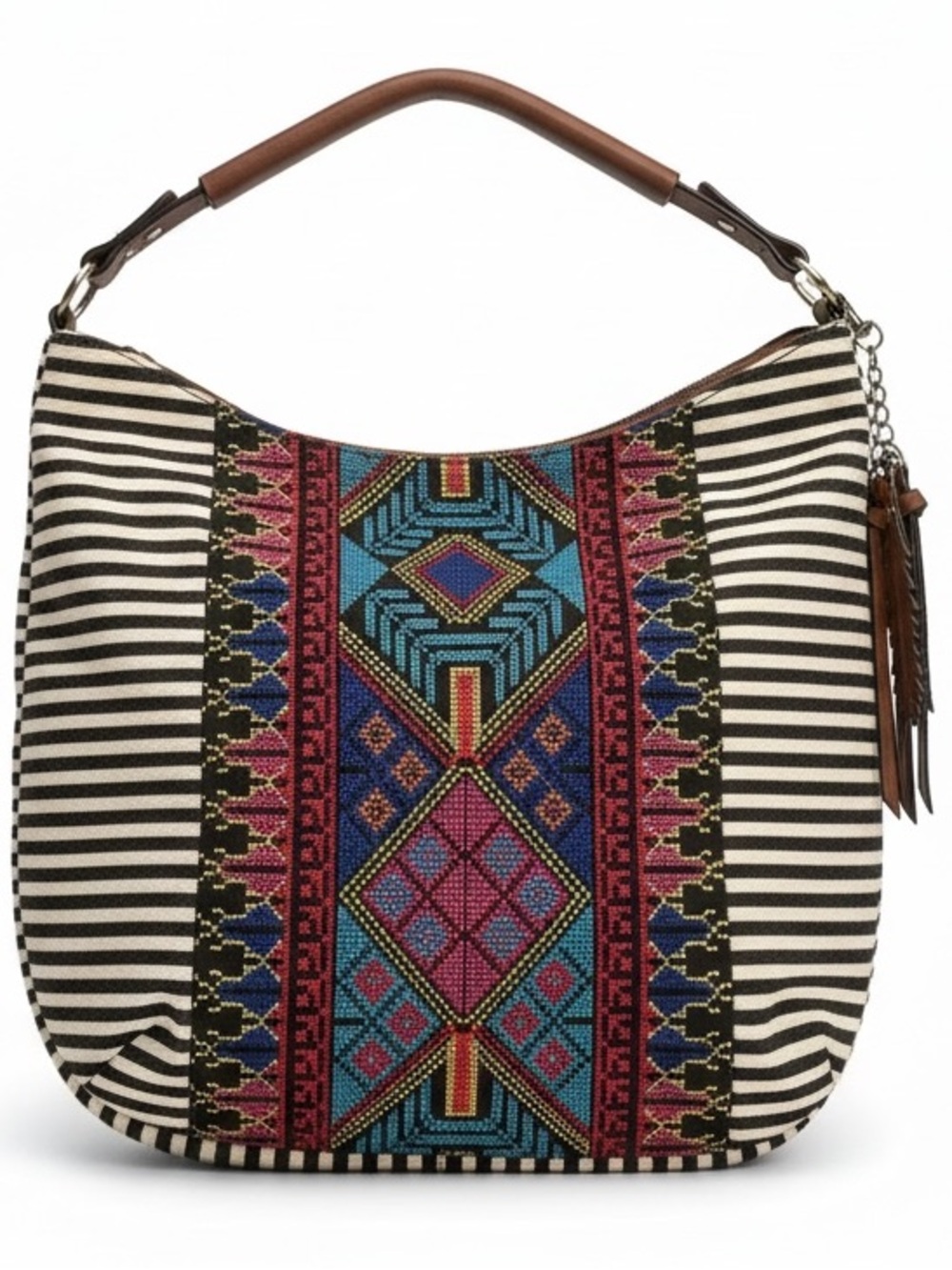 MMS Striped Hobo with Multicolor Embroidered Center Brown Leather Straps Feather